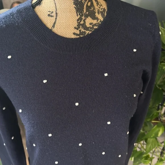 LOFT Navy Blue Crew Neck Sweater with White Dots. NWOT. Size XS. - Picture 3 of 6